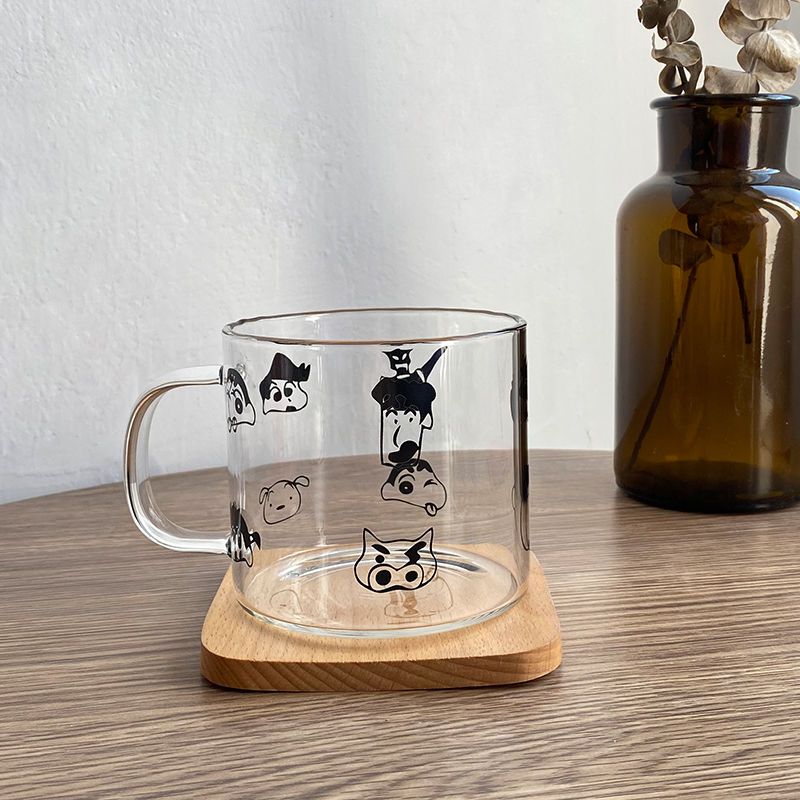 可爱小新玻璃杯透明带勺把手马克杯子女ins家用水杯微波加热牛奶