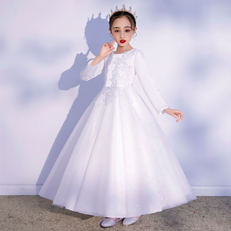 Princess skirt girls fluffy yarn autumn long-sleeved birthday children's high-end catwalk host evening dress flower girl wedding dress
