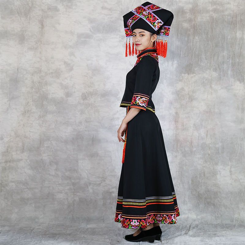 壮族民族服装女少数民族特色复古风夏季刺绣长款摆裙舞蹈生活套装 虎窝拼