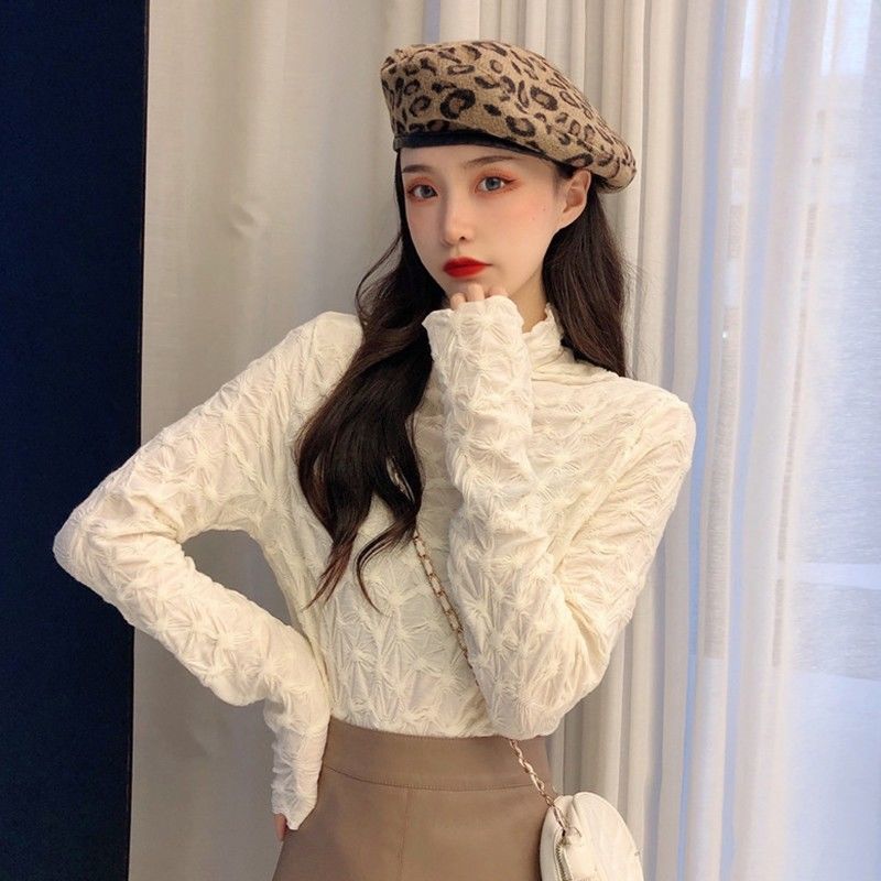 Half-high collar lace bottoming shirt women's autumn and winter white long-sleeved inner clothes foreign style all-match tight-fitting T-shirt