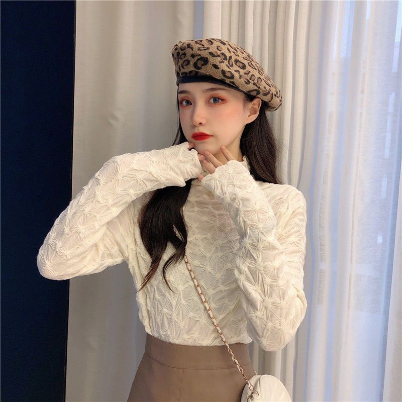 Half-high collar lace bottoming shirt women's autumn and winter white long-sleeved inner clothes foreign style all-match tight-fitting T-shirt