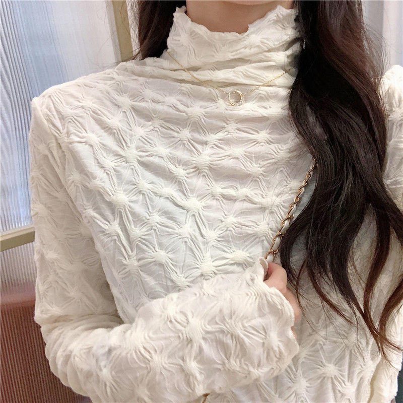 Half-high collar lace bottoming shirt women's autumn and winter white long-sleeved inner clothes foreign style all-match tight-fitting T-shirt