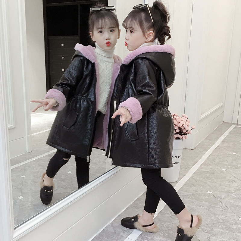 女童皮衣2020新款小女孩冬装加厚加绒外套儿童中长款韩版秋冬棉袄