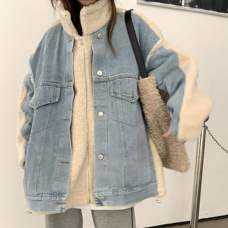 New fake two piece stitched denim cashmere coat for women