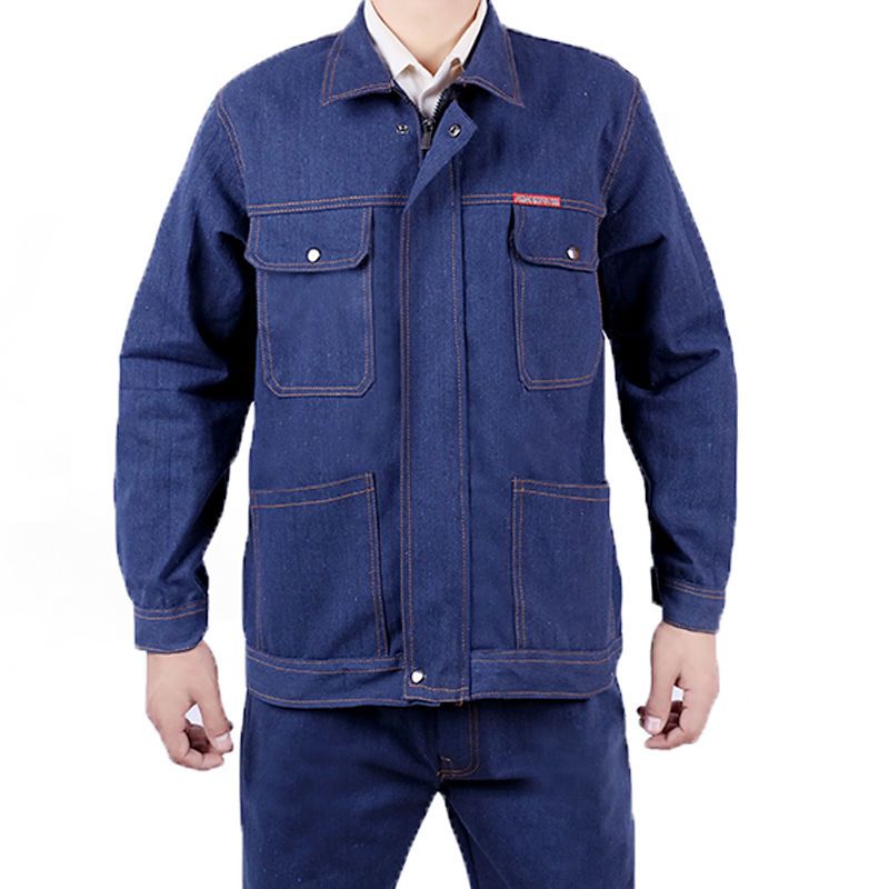 牛仔电焊工作服套装男长袖焊工防烫劳保服工地耐磨加厚拉链工装服