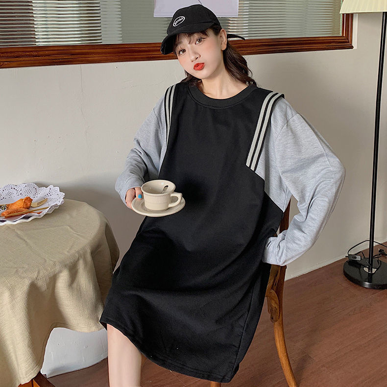 Fat MM extra large size 300 catties fake two-piece dress  new spring loose hidden meat showing thin pregnant woman skirt