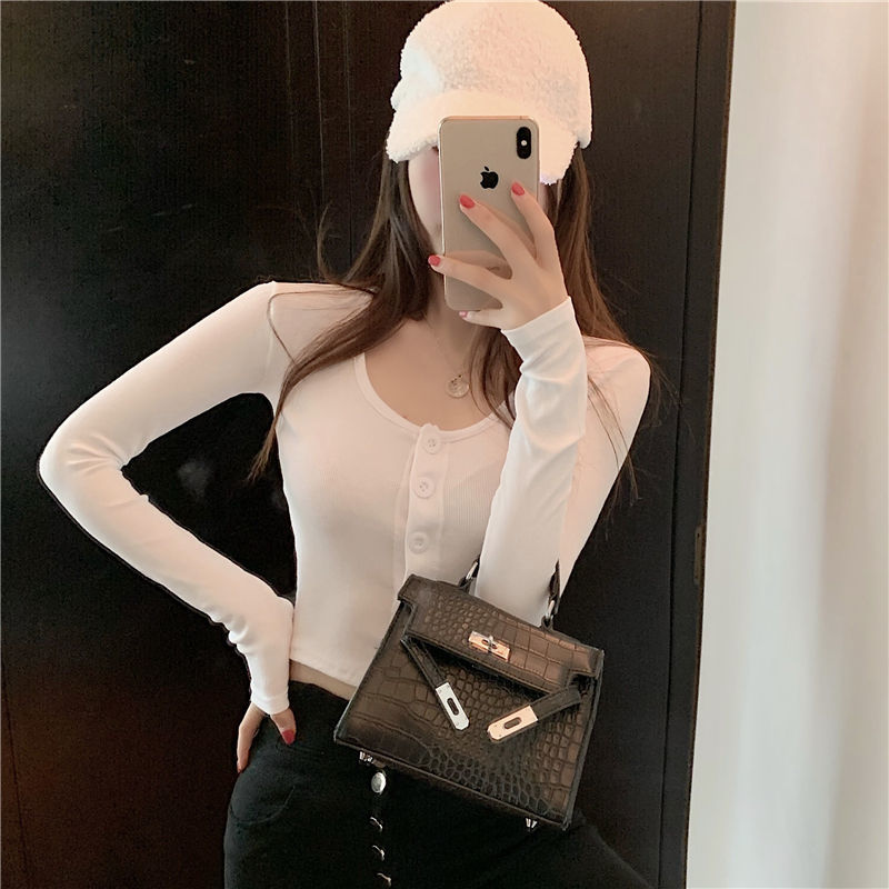 Spring and autumn thin style women's clothing foreign style high waist self-cultivation all-match top long-sleeved short tight-fitting single-breasted cardigan winter
