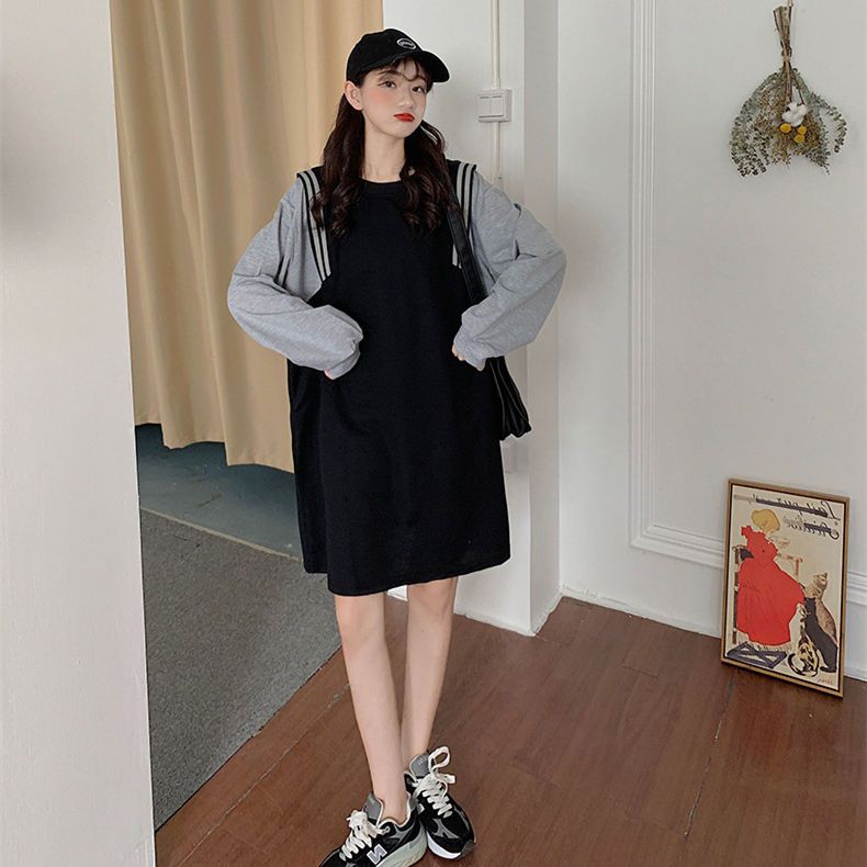 Fat MM extra large size 300 catties fake two-piece dress  new spring loose hidden meat showing thin pregnant woman skirt