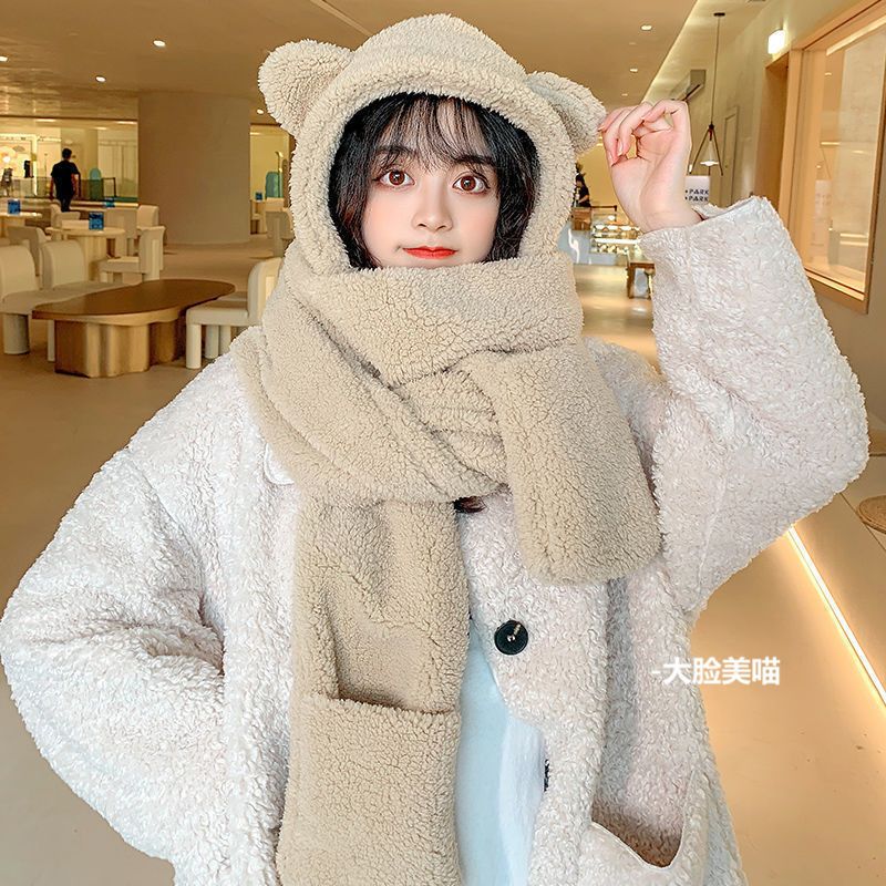 Bear ears hat, scarf and gloves all in one for women in autumn and winter, sweet and cute, winter warm three-piece set for couples