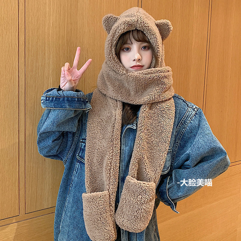 Bear ears hat, scarf and gloves all in one for women in autumn and winter, sweet and cute, winter warm three-piece set for couples