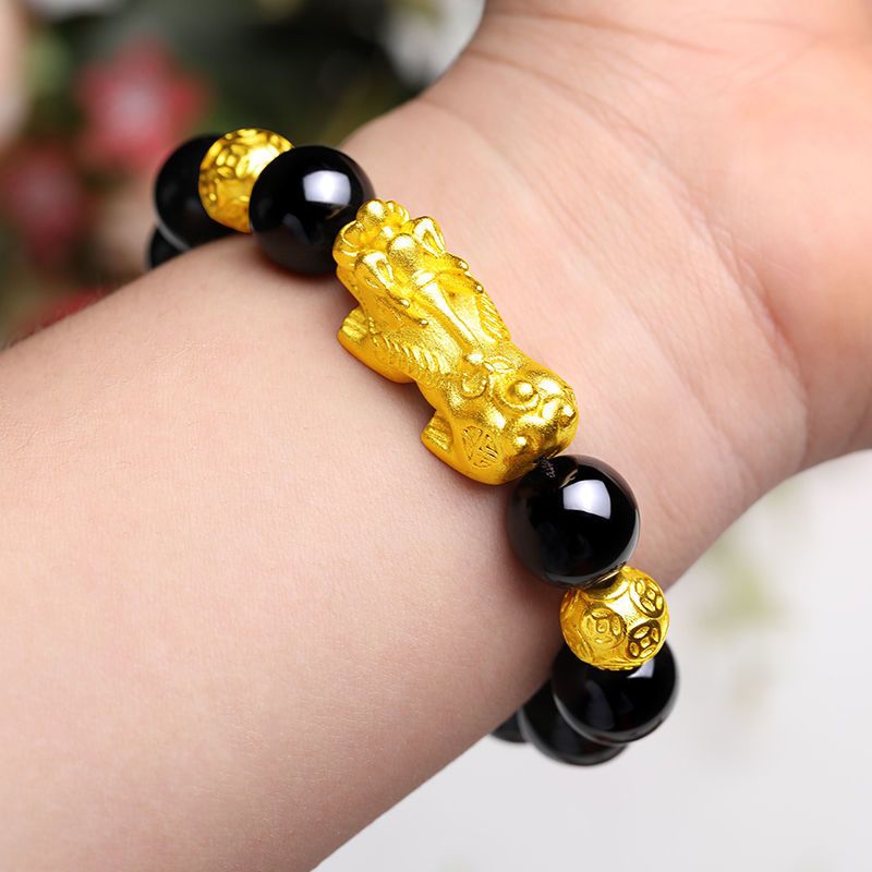 越南沙金貔貅手链男女情侣黑曜手链佛珠手串皮丘招财转运生日礼物