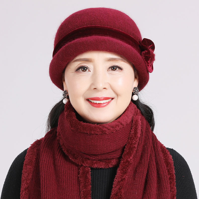 秋冬中老年帽子女兔毛针织毛线帽奶奶老人帽子冬季中年妈妈帽围巾【2