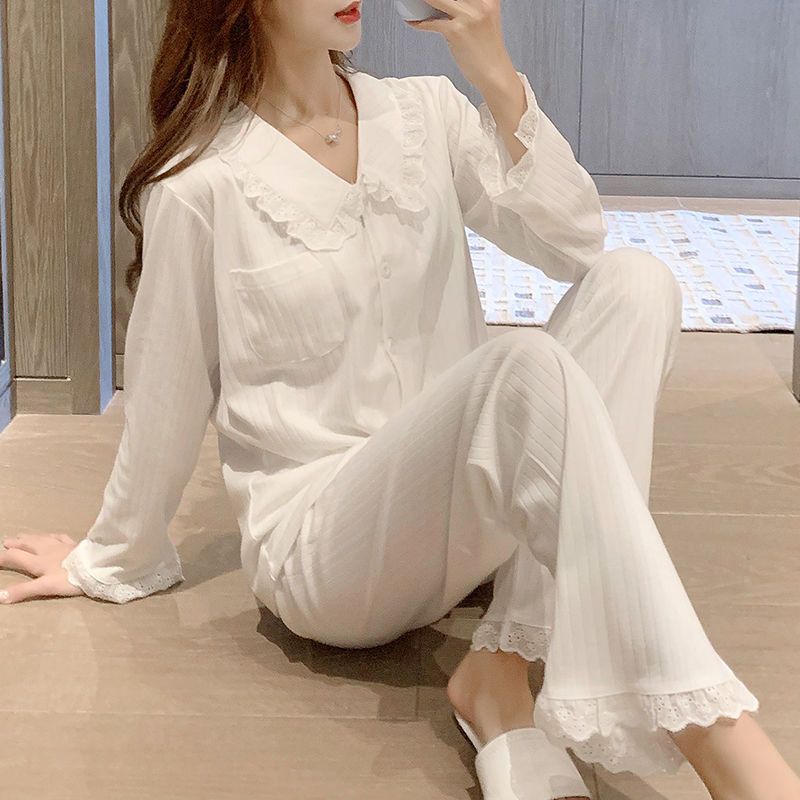 Women's pajamas spring and autumn thin section long-sleeved cotton cute spring and summer home service two-piece suit net red hot style lace INS