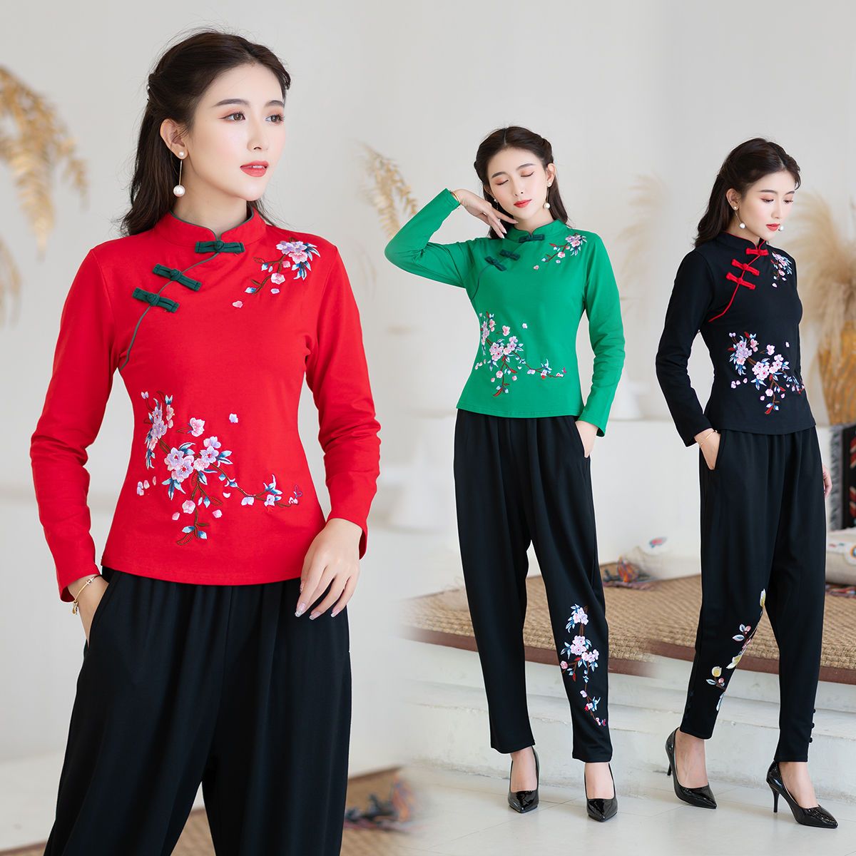 Autumn and winter new ethnic style embroidery button small stand collar long-sleeved t-shirt Chinese style embroidery slim large size bottoming shirt