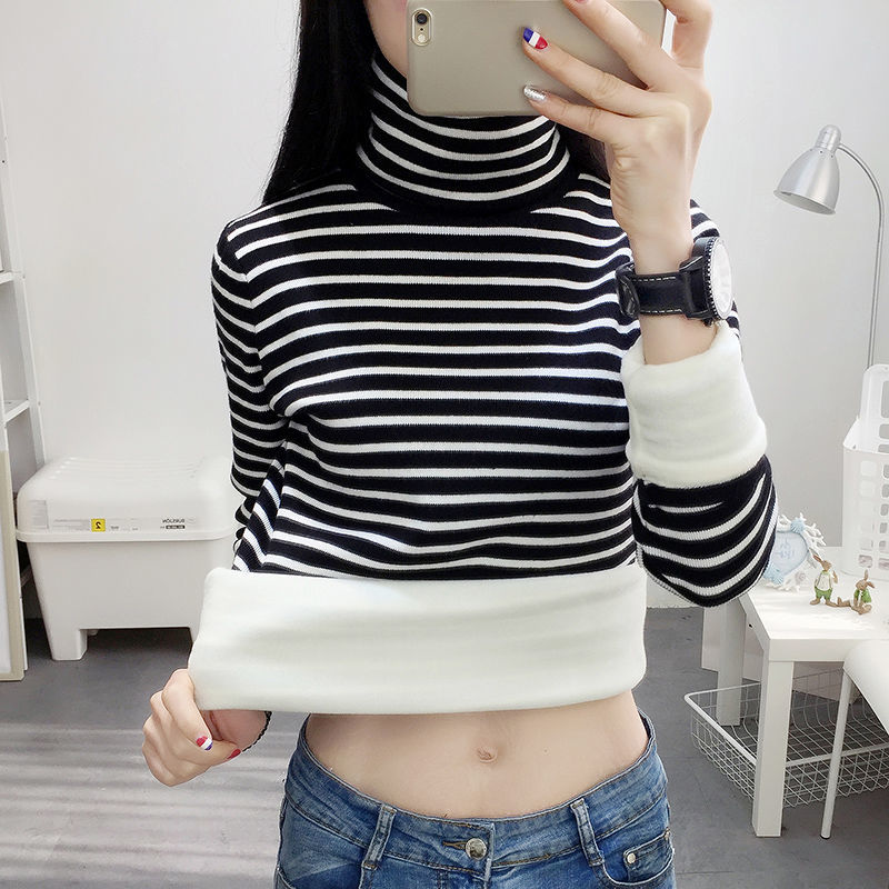 One piece / two piece high collar warm base shirt women's autumn and winter Plush thickened long sleeve large size with stripe T-shirt inside