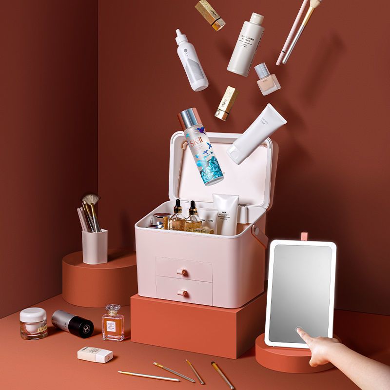家用化妆品收纳盒整理防尘护肤品大容量梳妆台抽屉式置物架带镜子