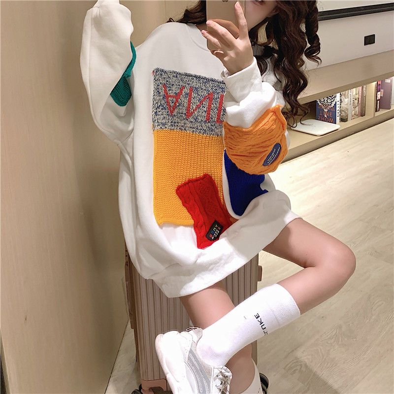 Autumn and winter new Korean loose Plush thickened color matching letter printed white sweater strange taste girl versatile coat