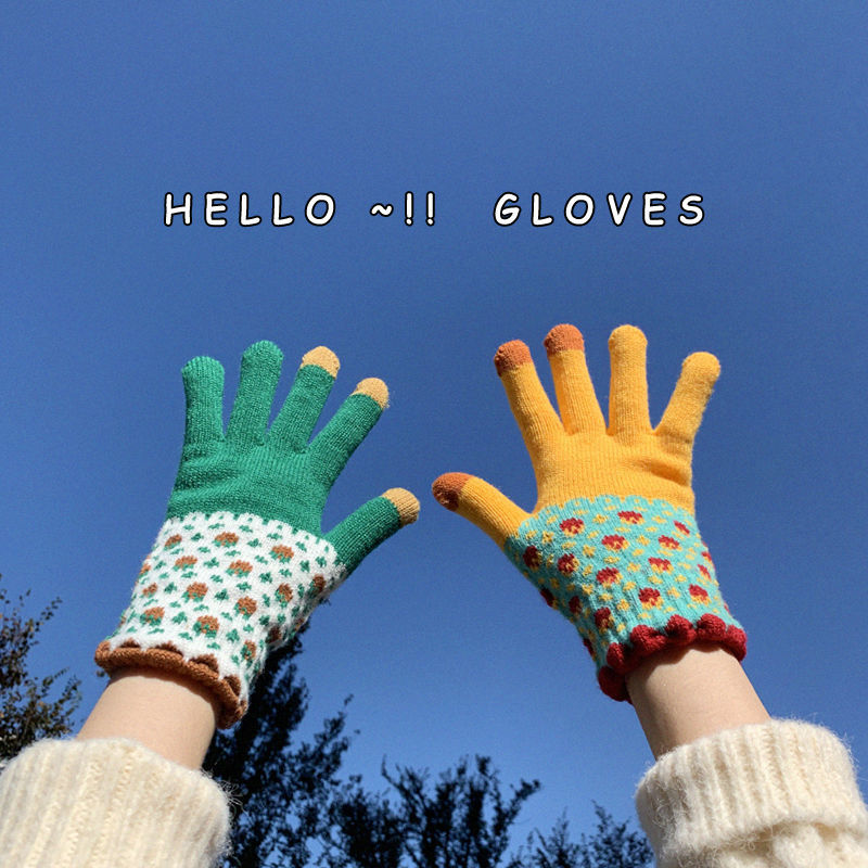 Touch screen Korean version ins gloves for women autumn and winter retro versatile students cute five-finger wool knitted warm cycling