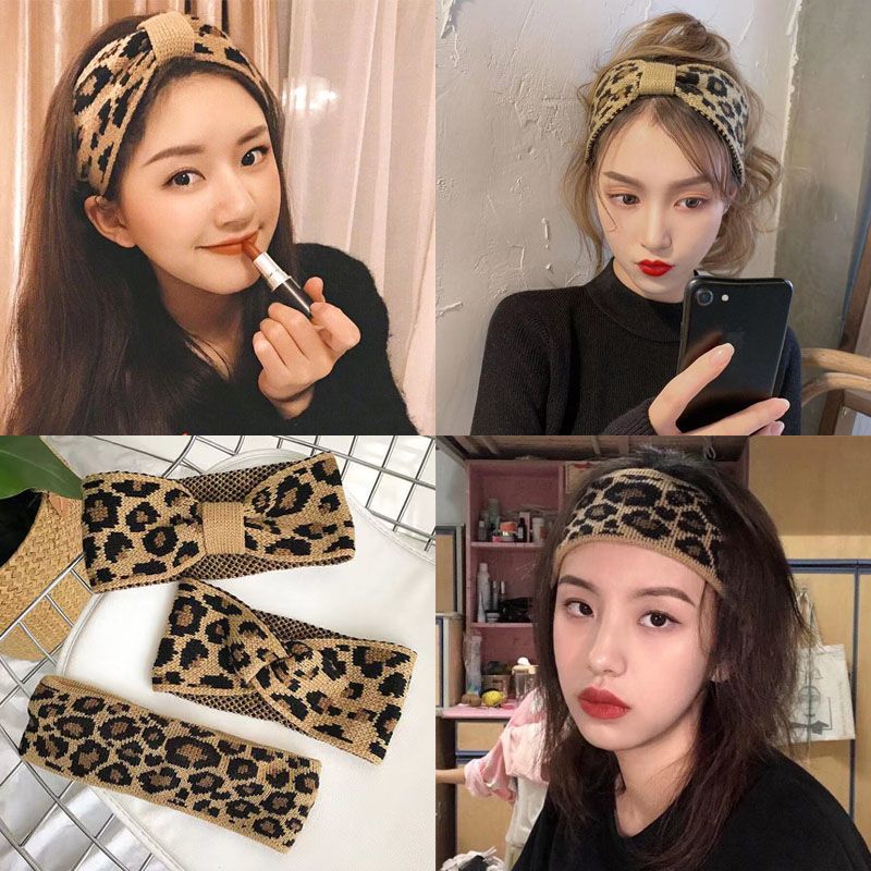 韩国网红复古豹纹发带女毛线头带宽边编织发箍女针织超仙头饰品