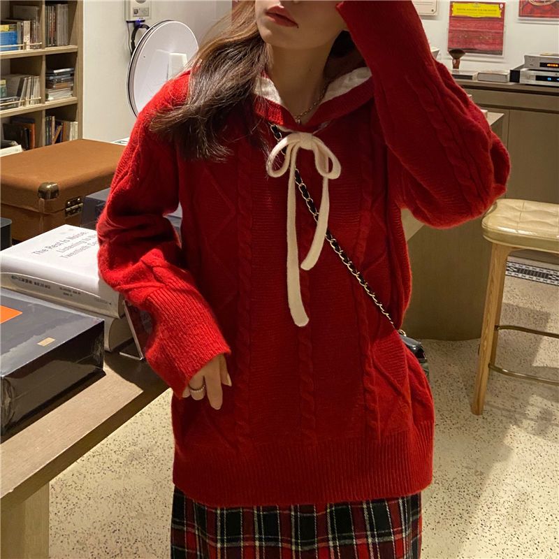 宽松外穿加厚针织外套秋冬新款温柔海军领上衣圣诞新年红色毛衣女