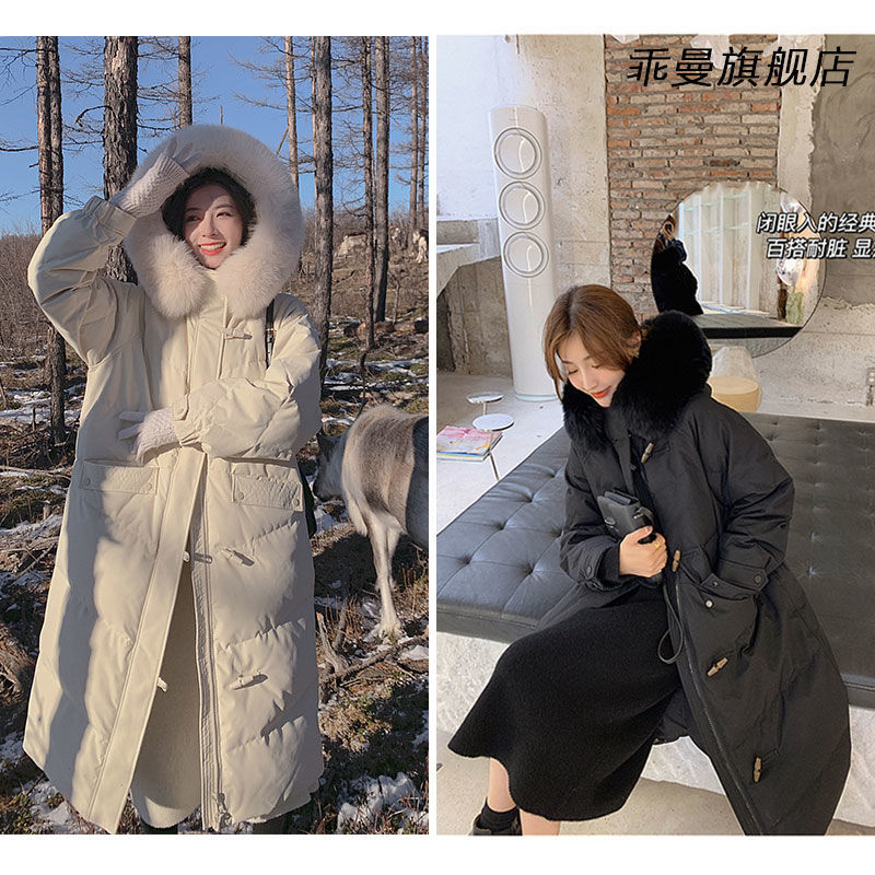 88627-夏诗文同款羽绒棉服女2021冬季新款牛角扣中长大毛领加厚显瘦棉衣-详情图