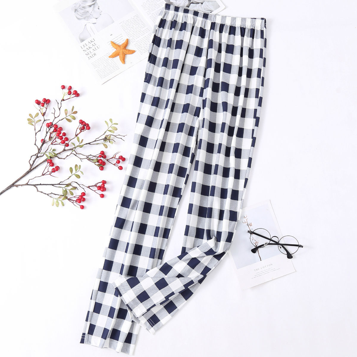 Cotton Men's Pajama Pants Loose Thin Cotton Summer Large Size Home Casual Men's Trousers Spring and Autumn Plaid Home Pants