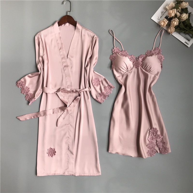 Sexy pajamas women's Xia Bing silk thin nightdress two-piece set with chest pad lace sling gathers can be worn outside in summer