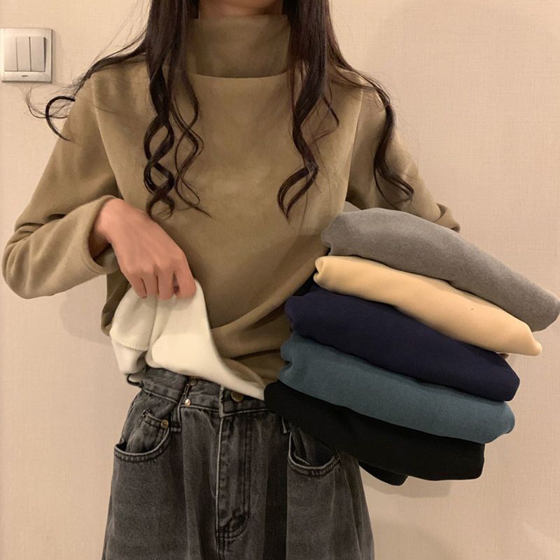 Autumn / winter 2020 cashmere thickened Korean ins half high neck long sleeve T-shirt for women's slim fit and versatile bottoming top fashion