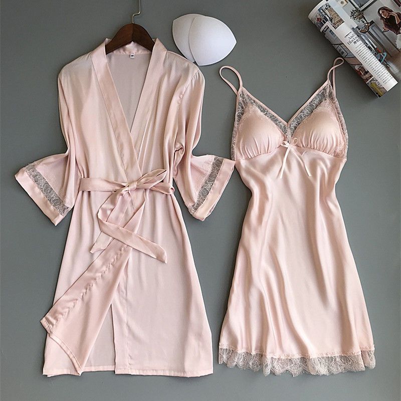 Sexy pajamas female Xia Bing silk thin section two-piece adult with chest pad suspenders nightdress gathered can be worn outside Korean version
