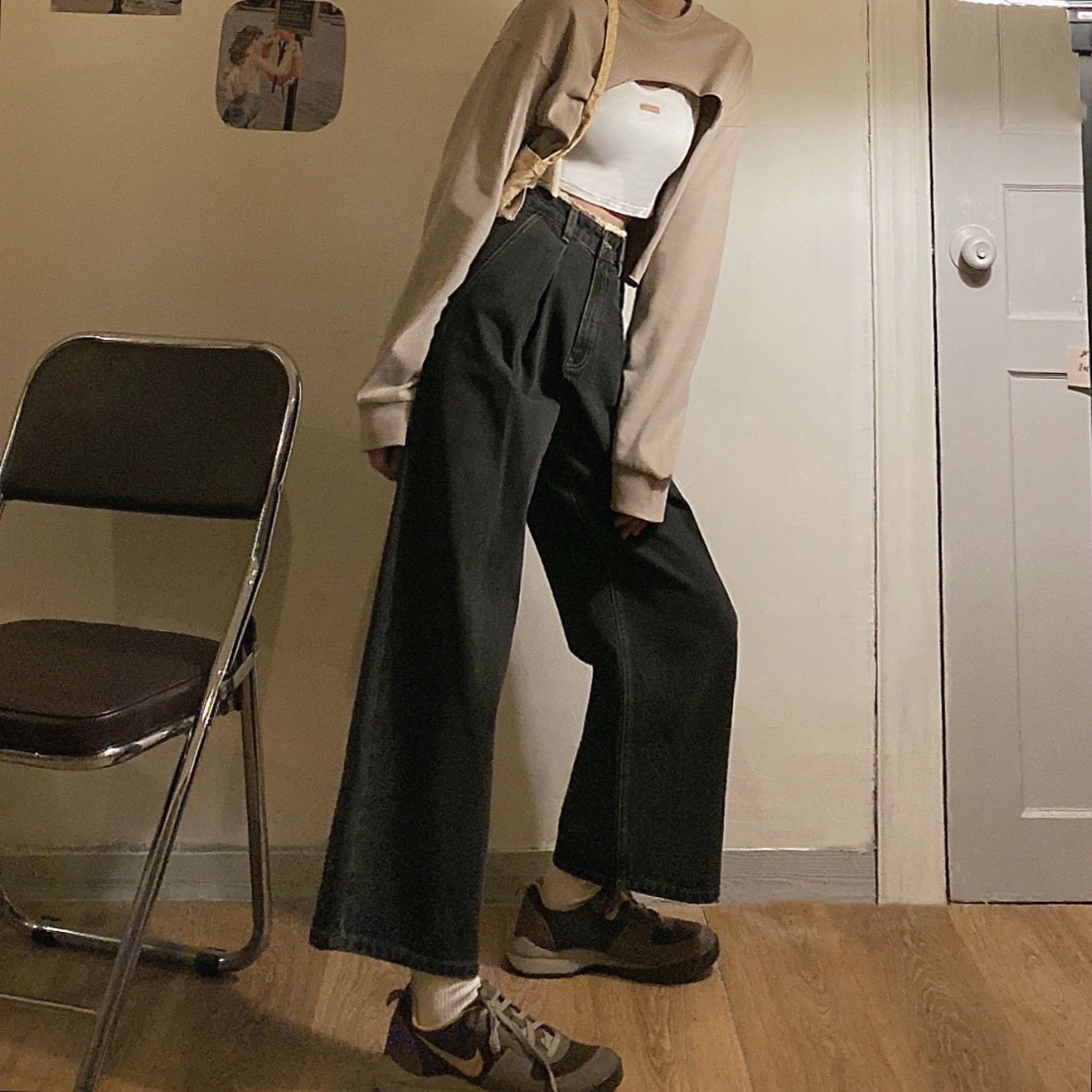 大碼女裝牛仔褲女春季新款胖mm復古蕾絲邊高腰顯瘦百搭闊腿褲