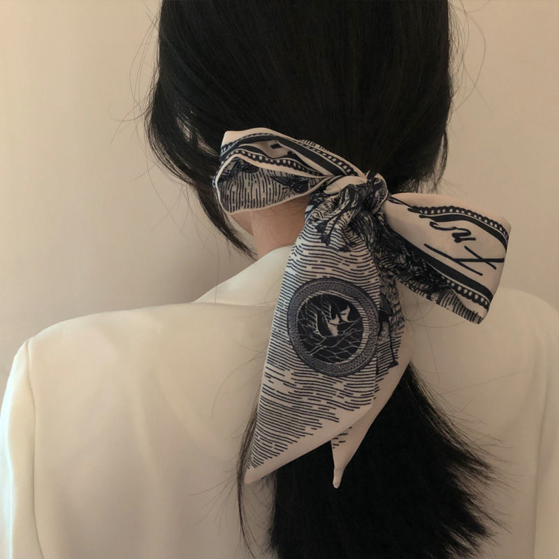 Hepburn's sense of fashion thousand bird lattice thin strip narrow silk scarf French retro elegant small fragrance Ribbon Hair Band