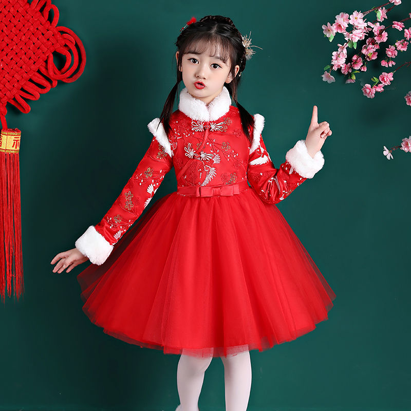 漢服女童秋冬中國風唐裝女孩旗袍加絨拜年古裝女寶裙子紅色過年服