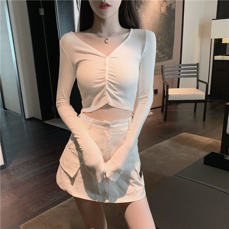 Big V-neck sexy careful machine exposed collarbone T-shirt women's fall and winter pullover short section exposed navel bm style tight bottoming top