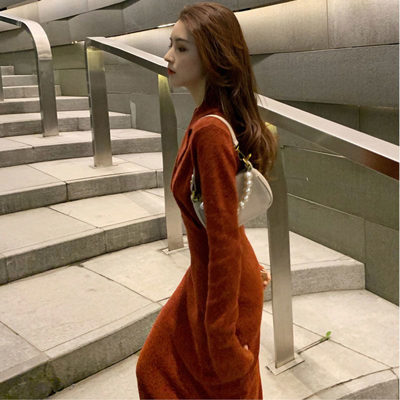 Dress autumn and winter French style slim waist Christmas New Year's small fragrance dress long skirt