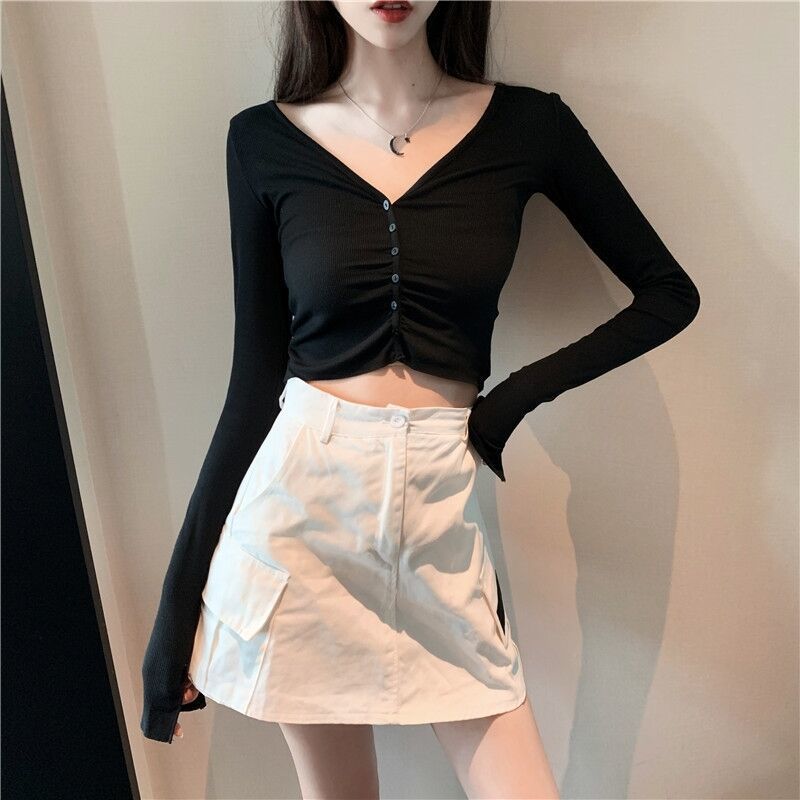 Big V-neck sexy careful machine exposed collarbone T-shirt women's fall and winter pullover short section exposed navel bm style tight bottoming top
