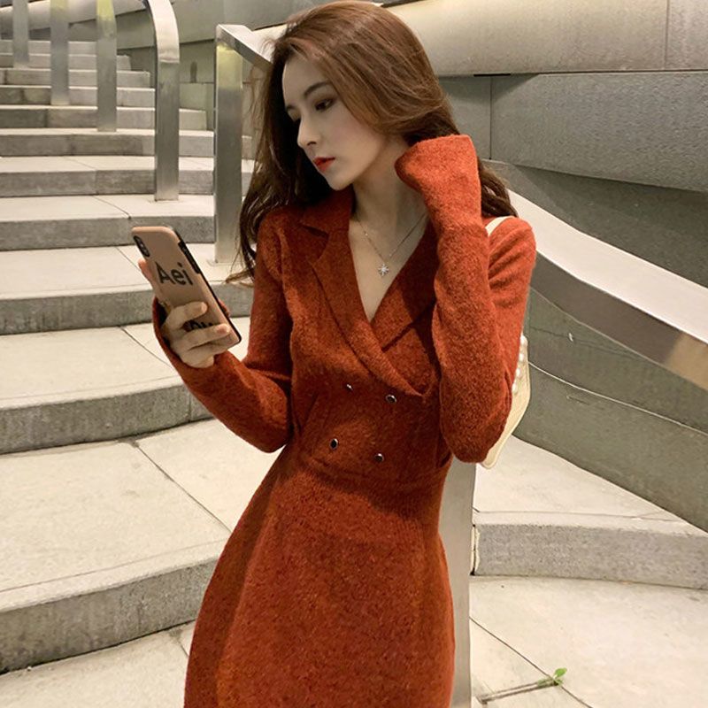 Dress autumn and winter French style slim waist Christmas New Year's small fragrance dress long skirt
