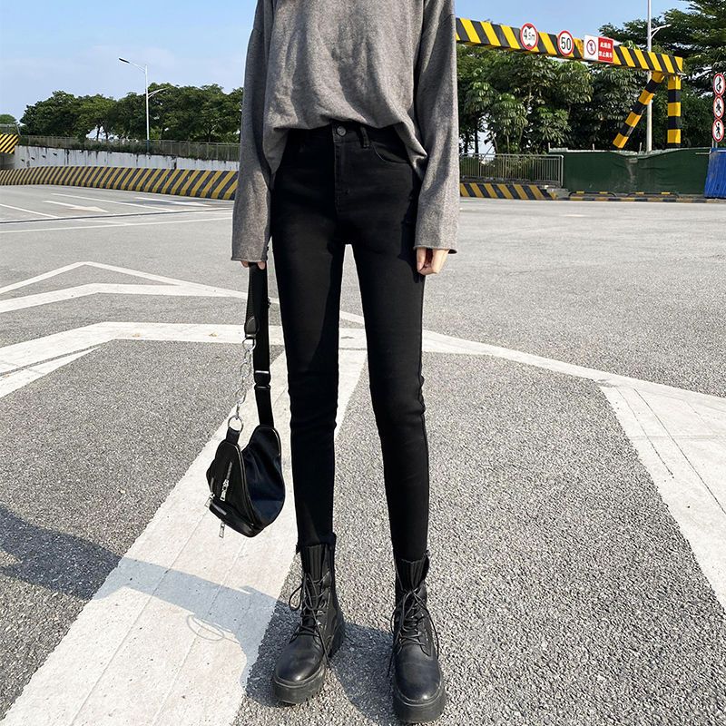 Women's 2022 autumn and winter new high-waisted black and gray plush velvet thickened jeans slimming elastic skinny ankle pants