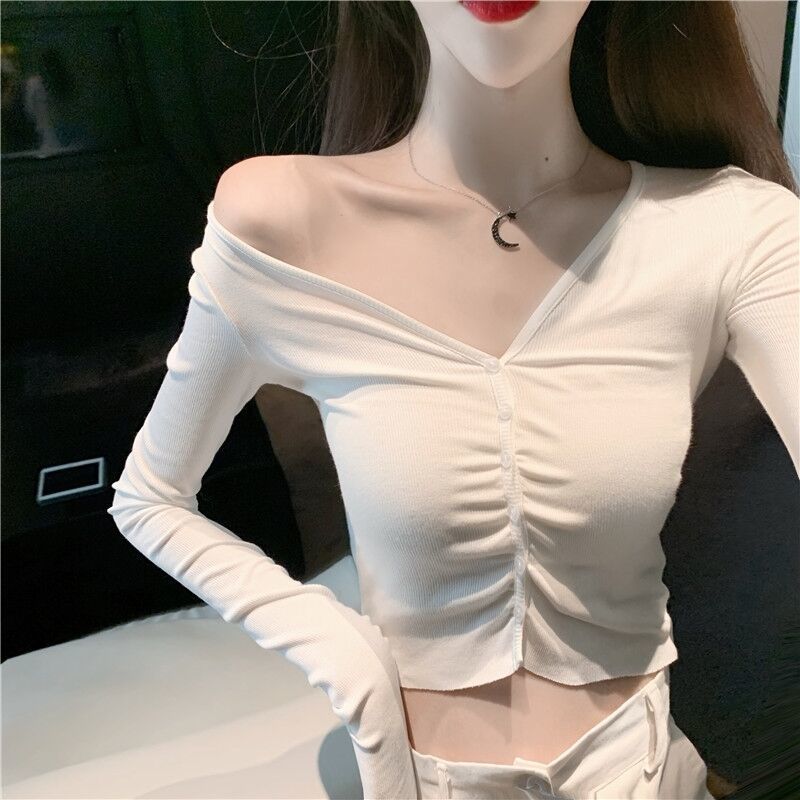 Big V-neck sexy careful machine exposed collarbone T-shirt women's fall and winter pullover short section exposed navel bm style tight bottoming top