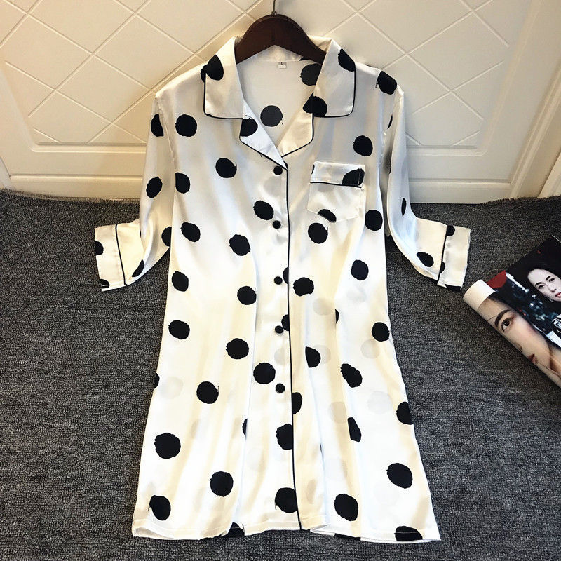 White polka dot shirt sexy pajamas female spring and autumn mid-length nightdress sweet and cute ice silk cardigan with thin sleeves