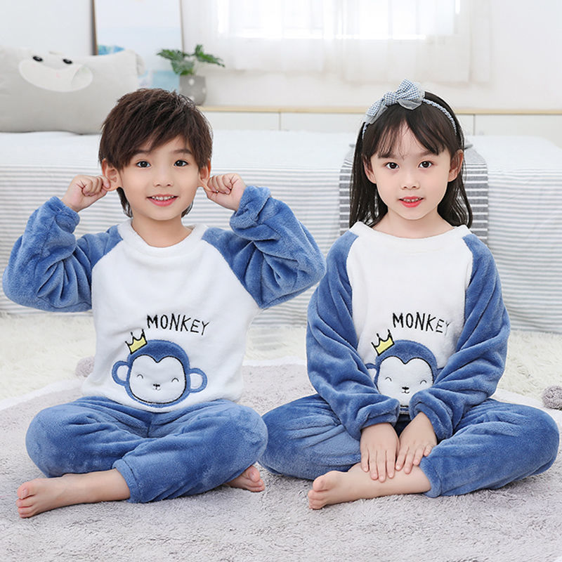 兒童加絨睡衣男女童法蘭絨套裝寶寶家居服套裝冬裝中大童保暖衣服