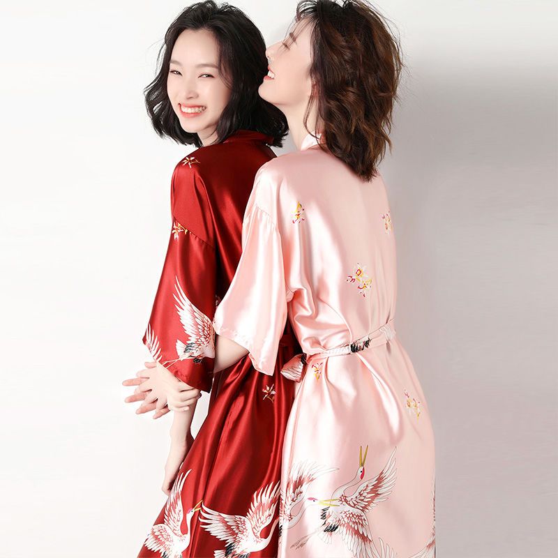 Pajamas women summer spring autumn thin ice silk couple robe red bride morning robe bathrobe kimono Nightgown large size