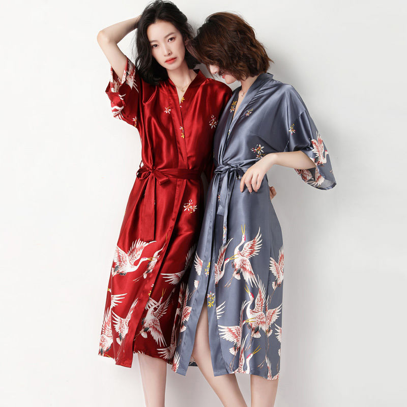 Pajamas women summer spring autumn thin ice silk couple robe red bride morning robe bathrobe kimono Nightgown large size