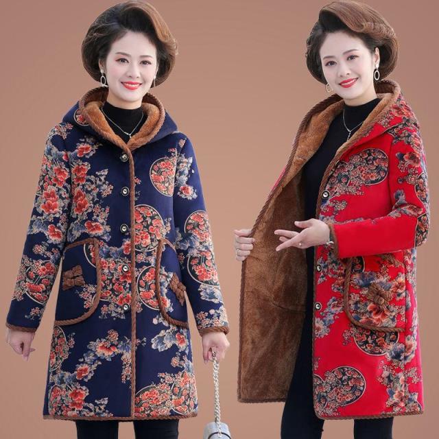 妈妈装棉衣中长款中老年女装冬装外套加绒加厚棉服奶奶装保暖棉袄
