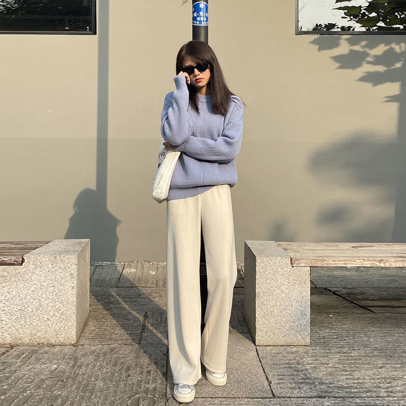 Wide leg pants women's autumn and winter plush and thickened new vertical feeling high waist loose and thin floor dragging straight tube leisure pants