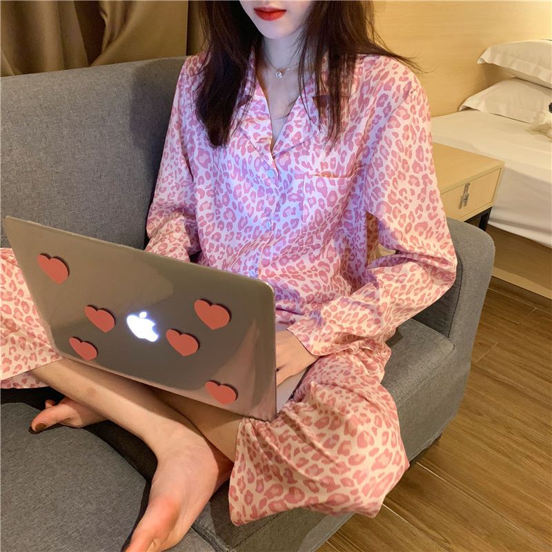 秋季新款甜美可愛粉色豹紋長袖睡衣可外穿居家服套裝女學生兩件套