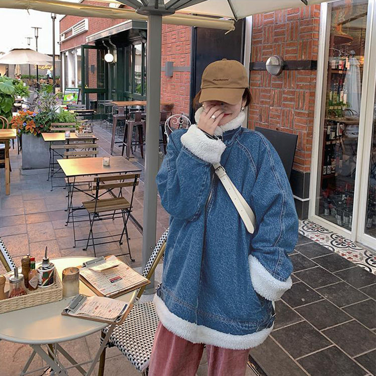 Korean version of denim lamb wool coat women's cotton clothes spring and autumn ins Korean version of the new casual plus velvet jacket thick cotton clothes