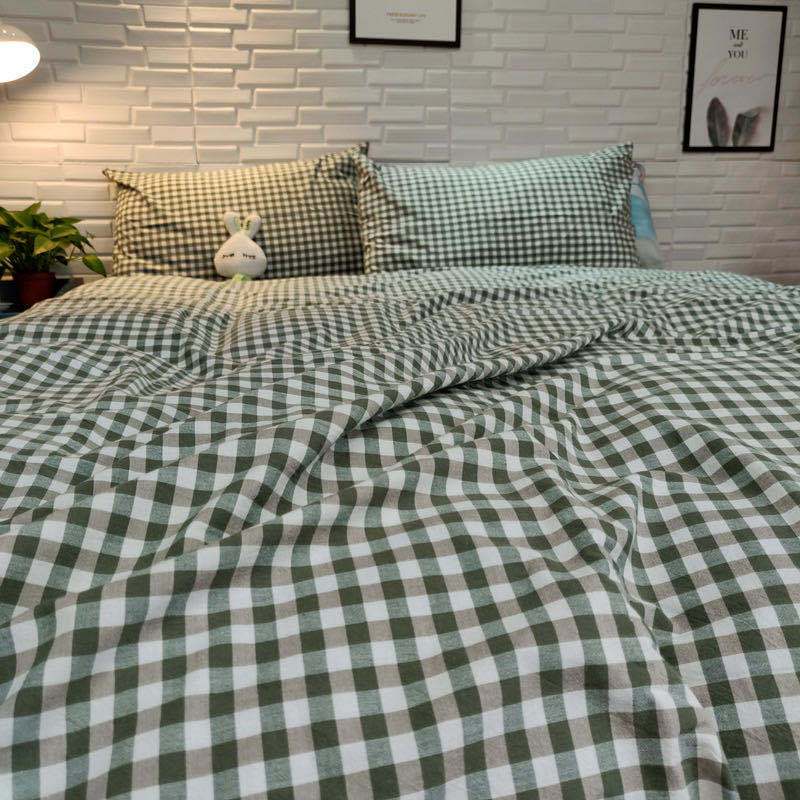 Washed bedspread checked bedding wide fitted sheet bed skirt quilt cover pillowcase refreshing checked cloth head skin friendly fabric quilt sheet