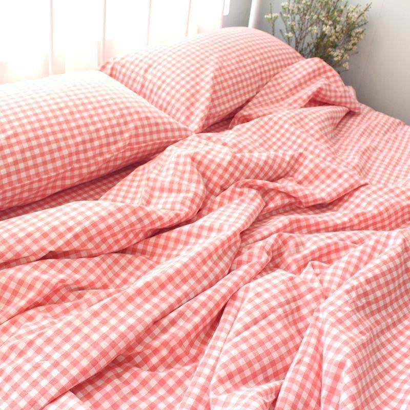 Washed bedspread checked bedding wide fitted sheet bed skirt quilt cover pillowcase refreshing checked cloth head skin friendly fabric quilt sheet