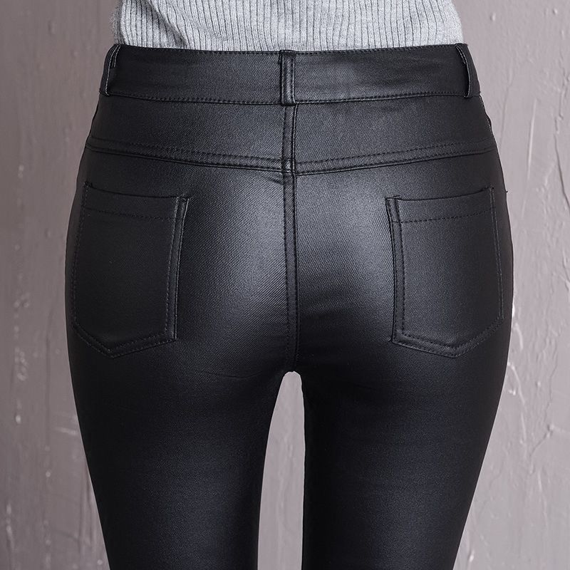 [Fleece and no velvet] Two-button classic trendy matte PU imitation leather pants high waist slimming leggings