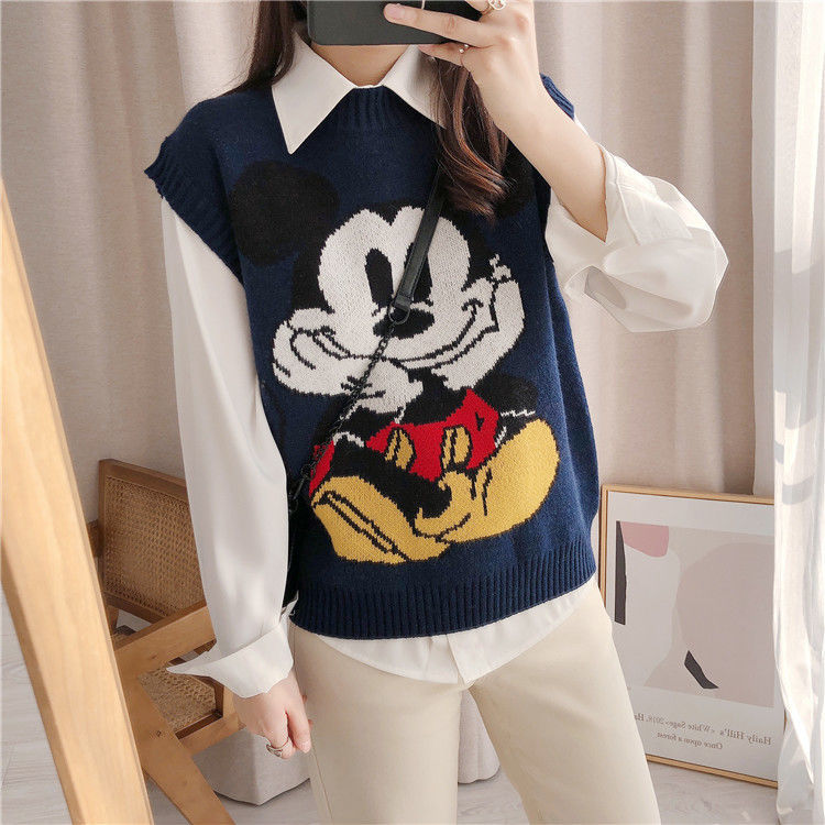 Knitted vest women's wear autumn and winter new Mickey cartoon pattern loose versatile lovely student sweater